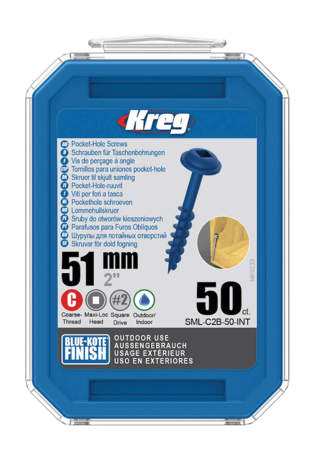 Kreg Pocket-Hole Screws 51 mm, Blue-Kote™, Maxi-Loc, Coarse Thread, 50 piece