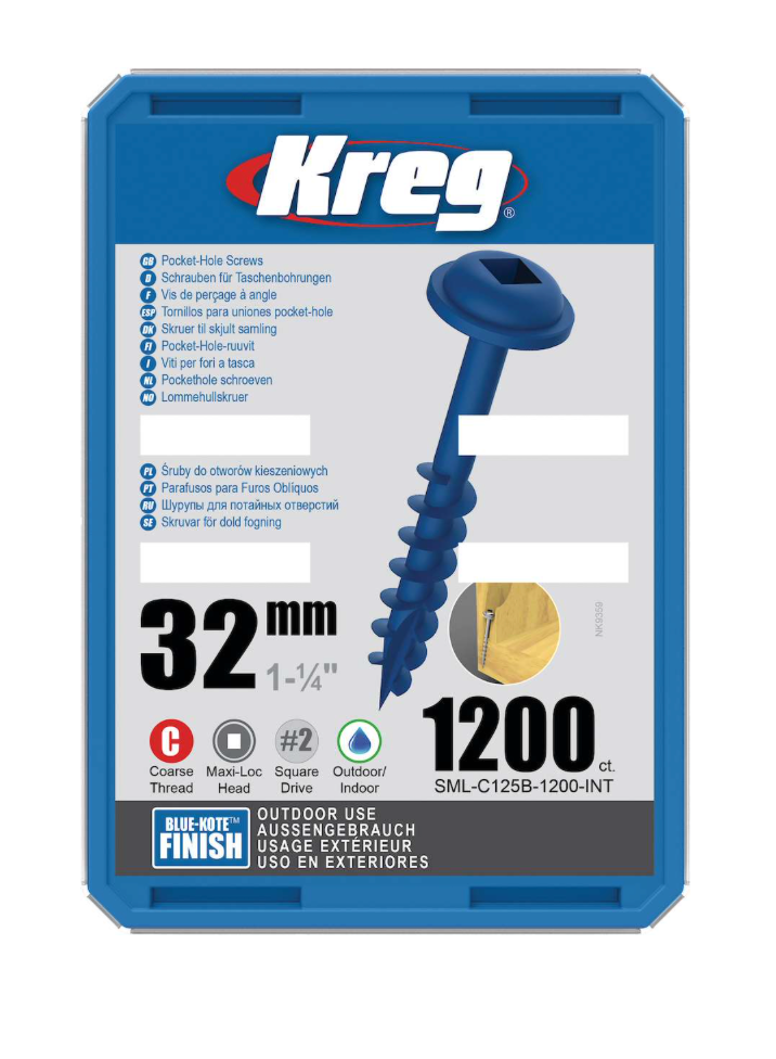 Kreg Pocket-Hole Screws 32 mm, Blue-Kote™, Maxi-Loc, Coarse Thread, 1200 piece