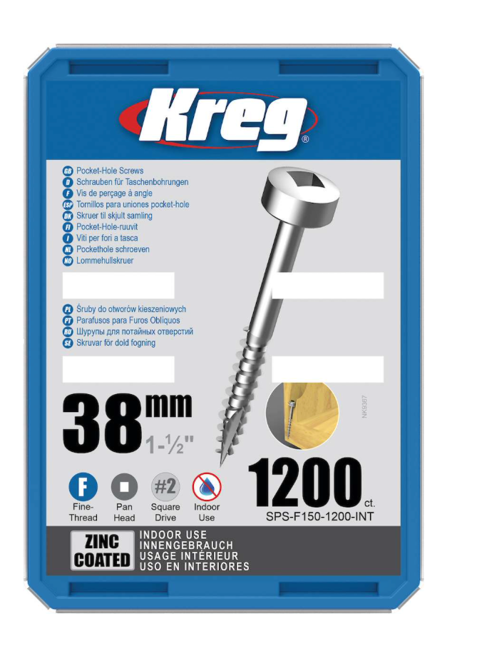 Kreg Pocket-Hole Screws 38 mm, Zinc Coated, Pan-Head, Fine Thread, 1200 piece