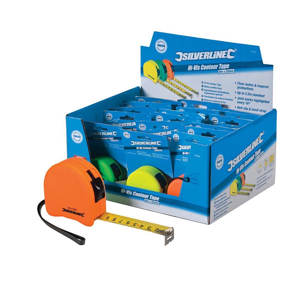 Silverline - Felgekleurde ergonomische rolmaat, displaydoos 18 st., 8 m / 26 ft x 25 mm