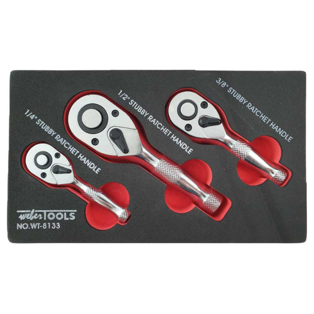 Stubby ratelset 1/4'', 3/8'' & 1/2'' 72-tands