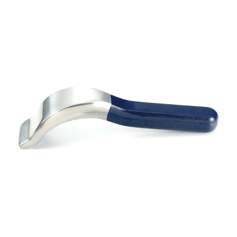 Uitdeuklepel tool with blue handle and curved metal blade, 236mm length and 49mm width