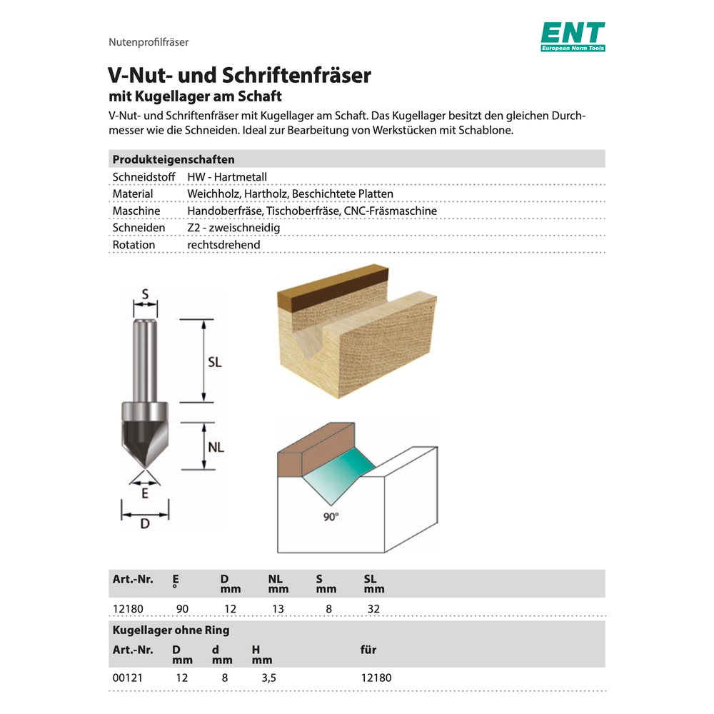 V-groeffrees 90 graden Met lager op kolf kolf 8mm