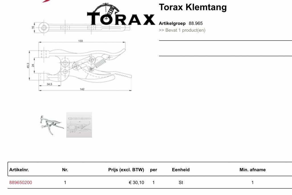Klemtang TORAX SNELSPANTANG L=142 MM - SPANKRACHT 200 KG Artikelgroep 88.965