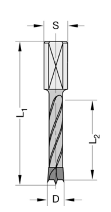 Drevelboren	HW	Z=2/V=2 Schacht 10 mm, met centreerpunt en spiraalgeleiding