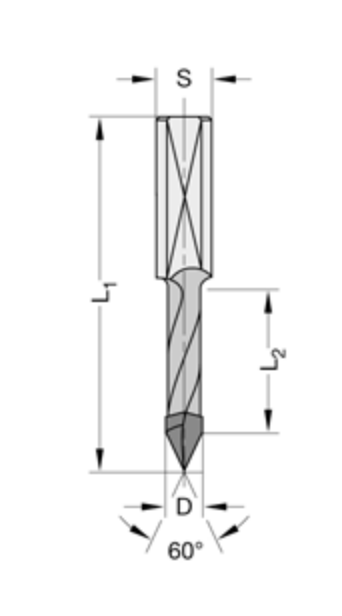 Doorgangboor met daktand 60°	HW	Z=2 Schacht 10 mm, voor doorboren
